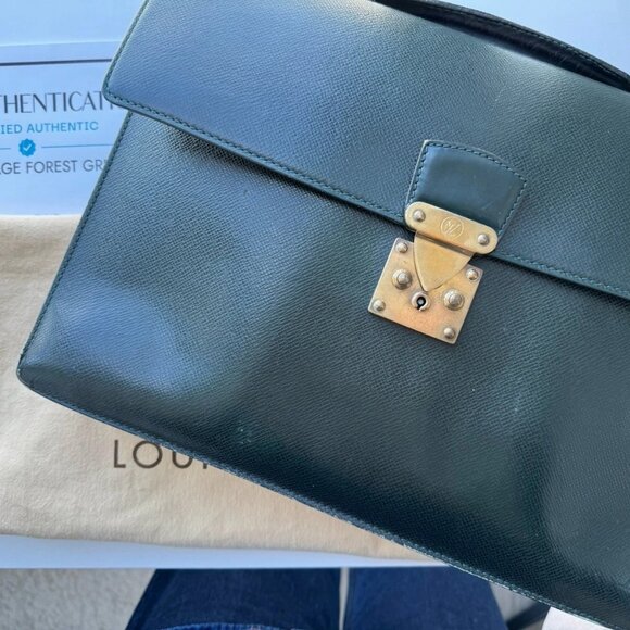 LOUIS VUITTON Business Bag Serviette Green Leather Briefcase. Authentic - Picture 4 of 11